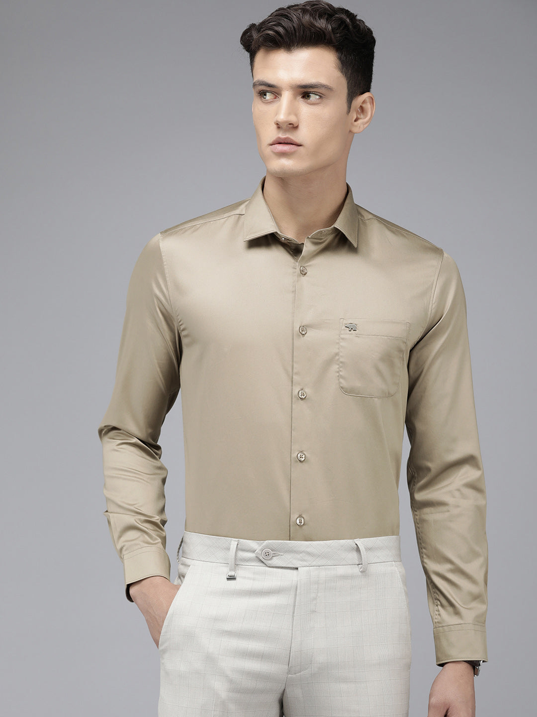 Men Brown Solid Slim Egyptian Giza Cotton Formal Shirt