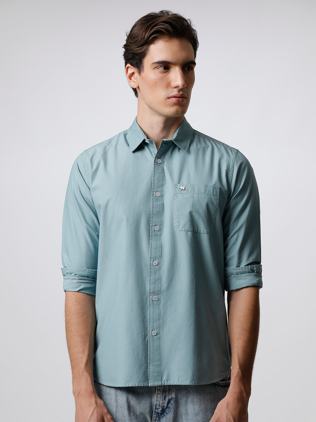 Copais - Men Teal Solid Slim Fit Cotton Casual Shirt | The Bear House