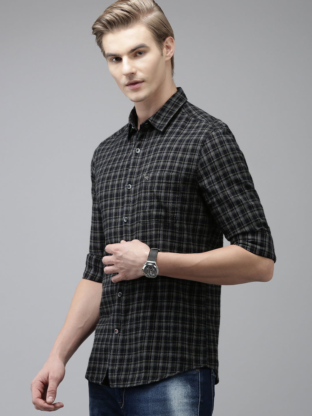 Cosa - Men Blue Checked Slim Fit Cotton Casual Shirt | The Bear House