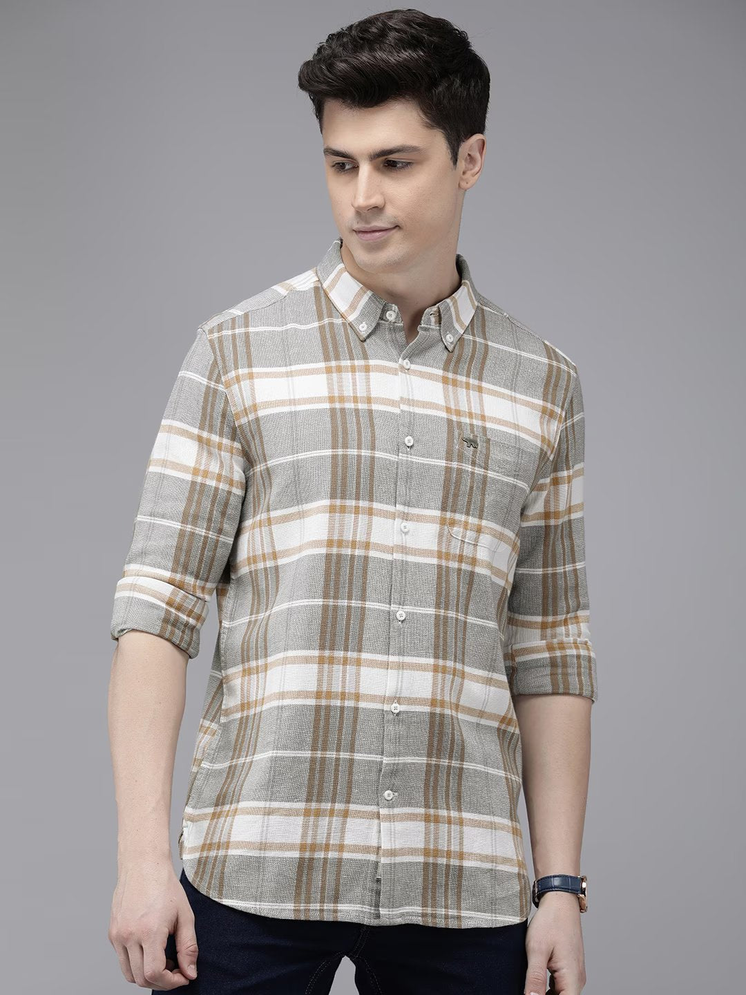 Cost - Men Grey Checked Slim Fit Cotton Casual Shirt | The Bear House