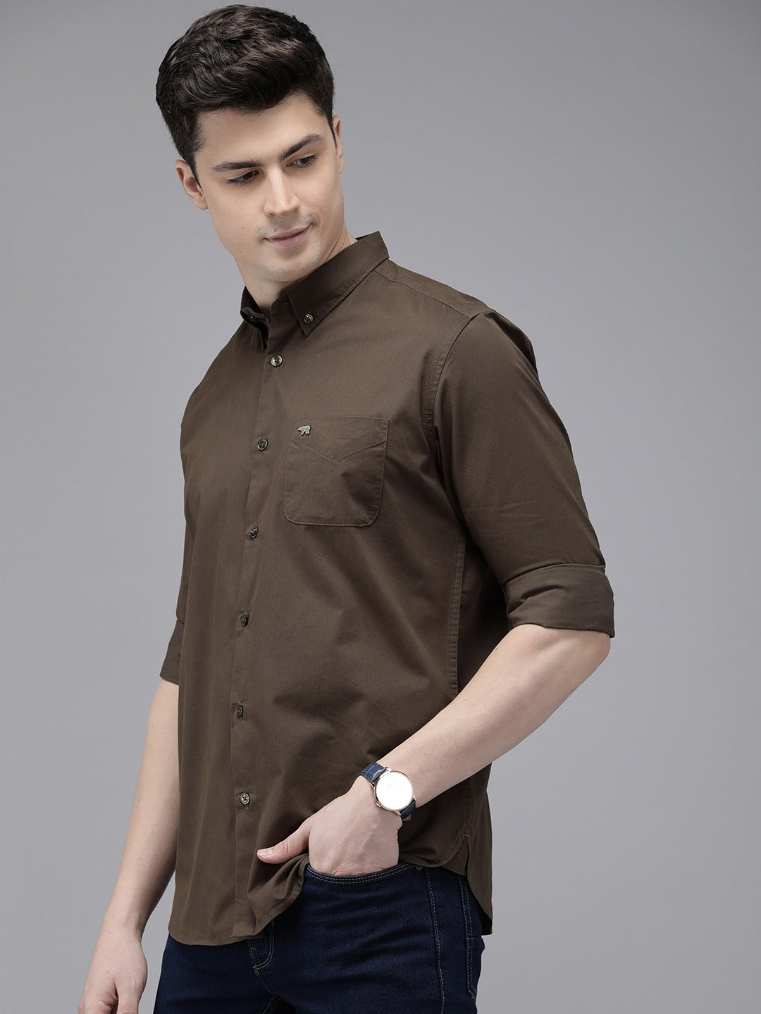 Dutch - Men Brown Solid Slim Fit Cotton Casual Shirt | The Bear House