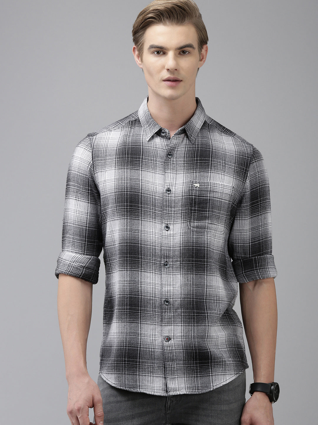 Ebel - Men Grey Checked Slim Fit Flannel Cotton Casual Shirt | The Bear House