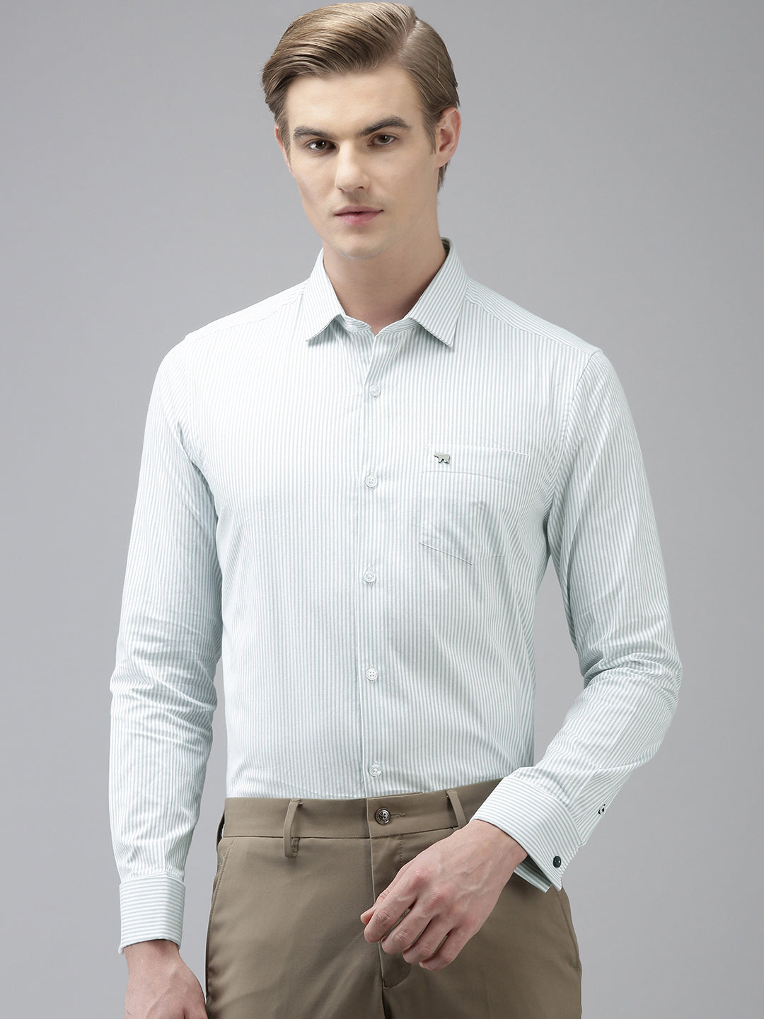 Men Grey Pinstriped Slim Fit Cotton Formal Shirt With French Cuff