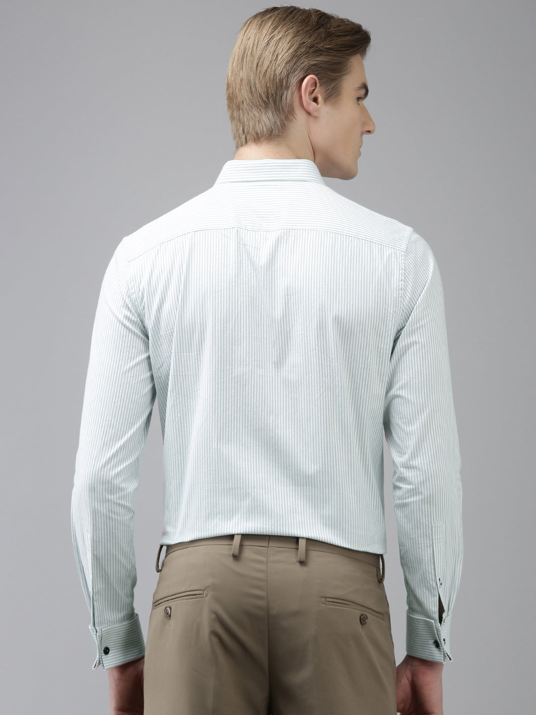 Men Grey Pinstriped Slim Fit Cotton Formal Shirt With French Cuff