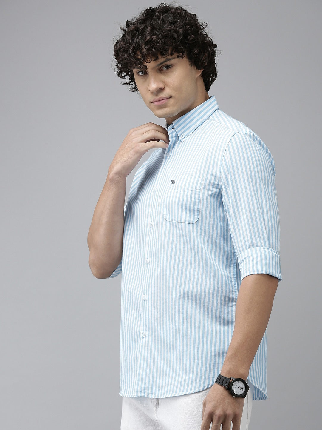 Espo - Men Blue Striped Slim Fit Cotton Linen Casual Shirt | The Bear House
