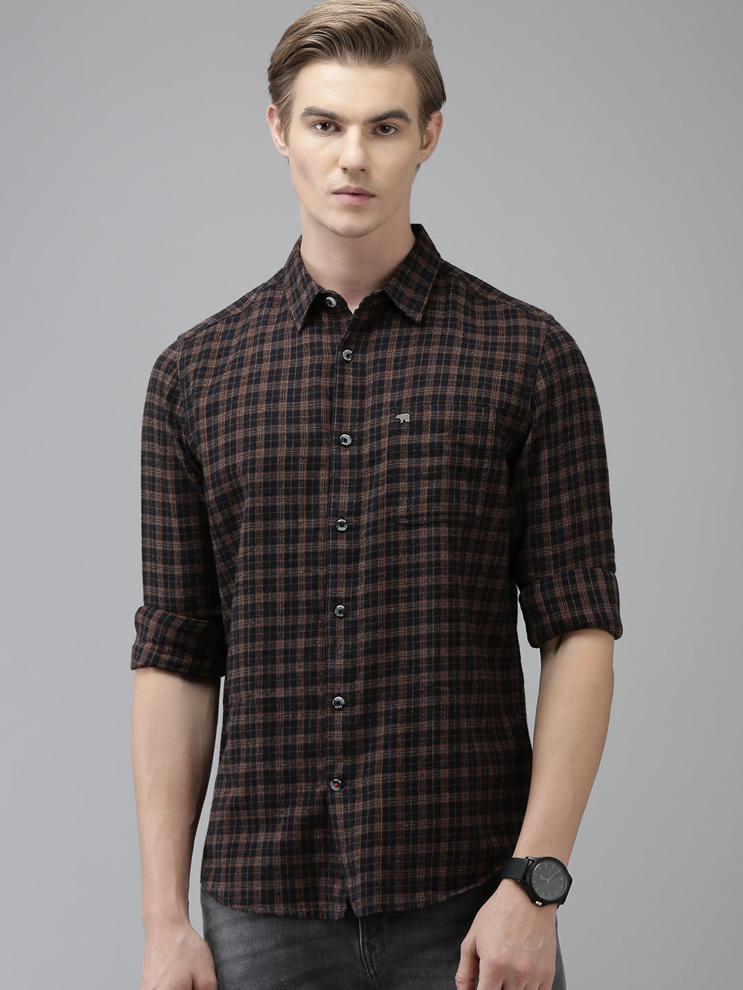 Funi - Men Blue Checked Slim Fit Cotton Casual Shirt | The Bear House