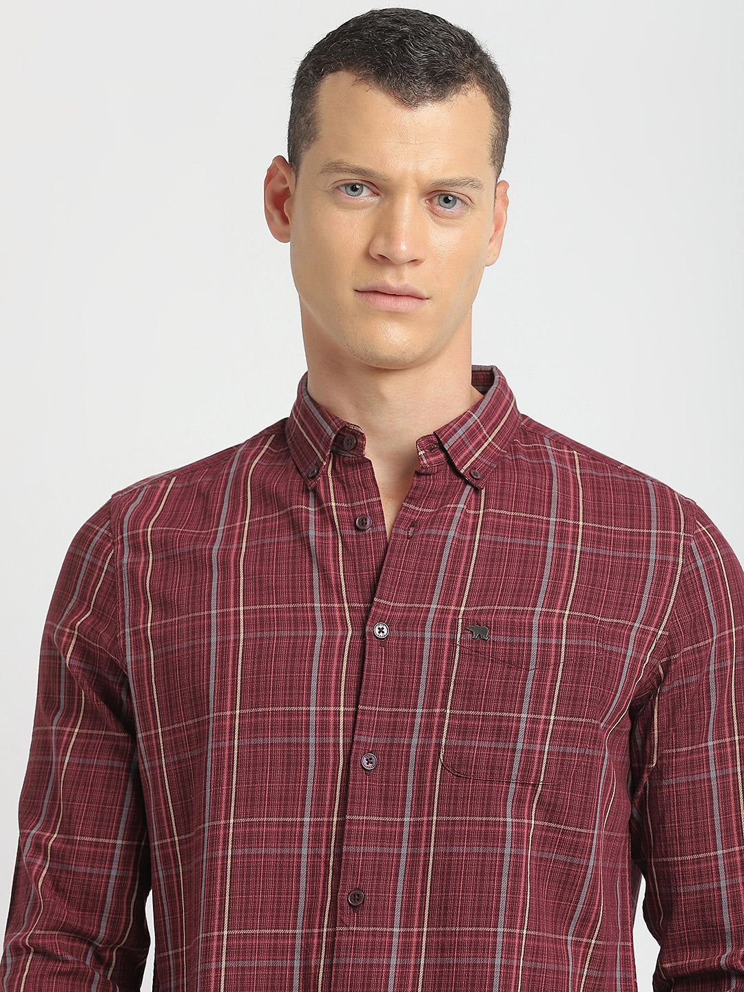 Gurani Style: Men's Maroon Checked Slim Fit Cotton Casual Shirt