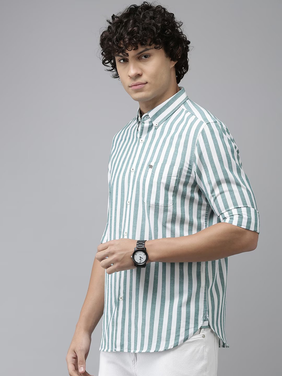 Hanko - Men Teal Striped Slim Fit Cotton Linen Casual Shirt | The Bear House