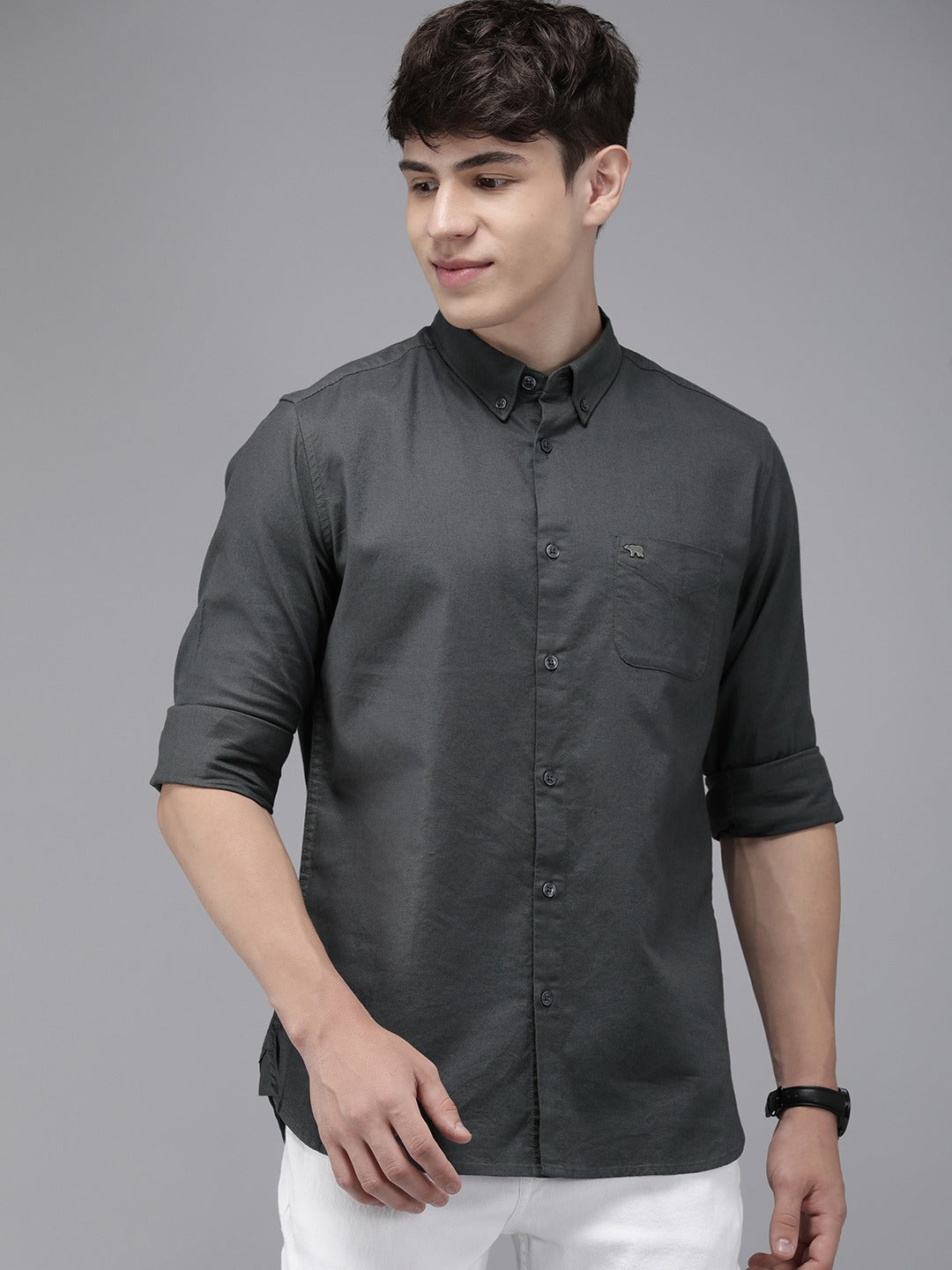 Hunk - Men Grey Solid Slim Fit Cotton Casual Shirt | The Bear House