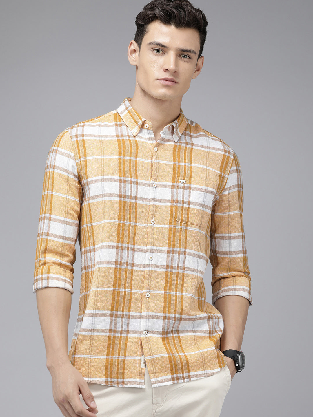 Kanebo - Men Yellow Checked Slim Fit Cotton Casual Shirt | The Bear House