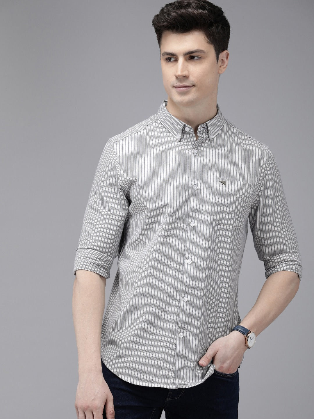 Kassel - Men Blue Striped Slim Fit Cotton Casual Shirt | The Bear House