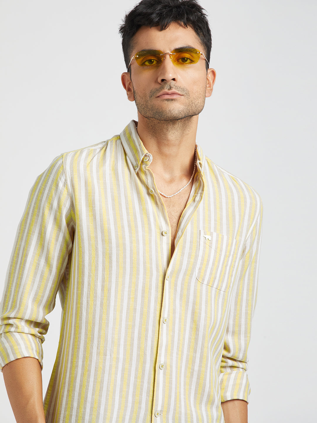 Kinman - Men Yellow Striped Slim Fit Cotton Casual Shirt | The Bear House