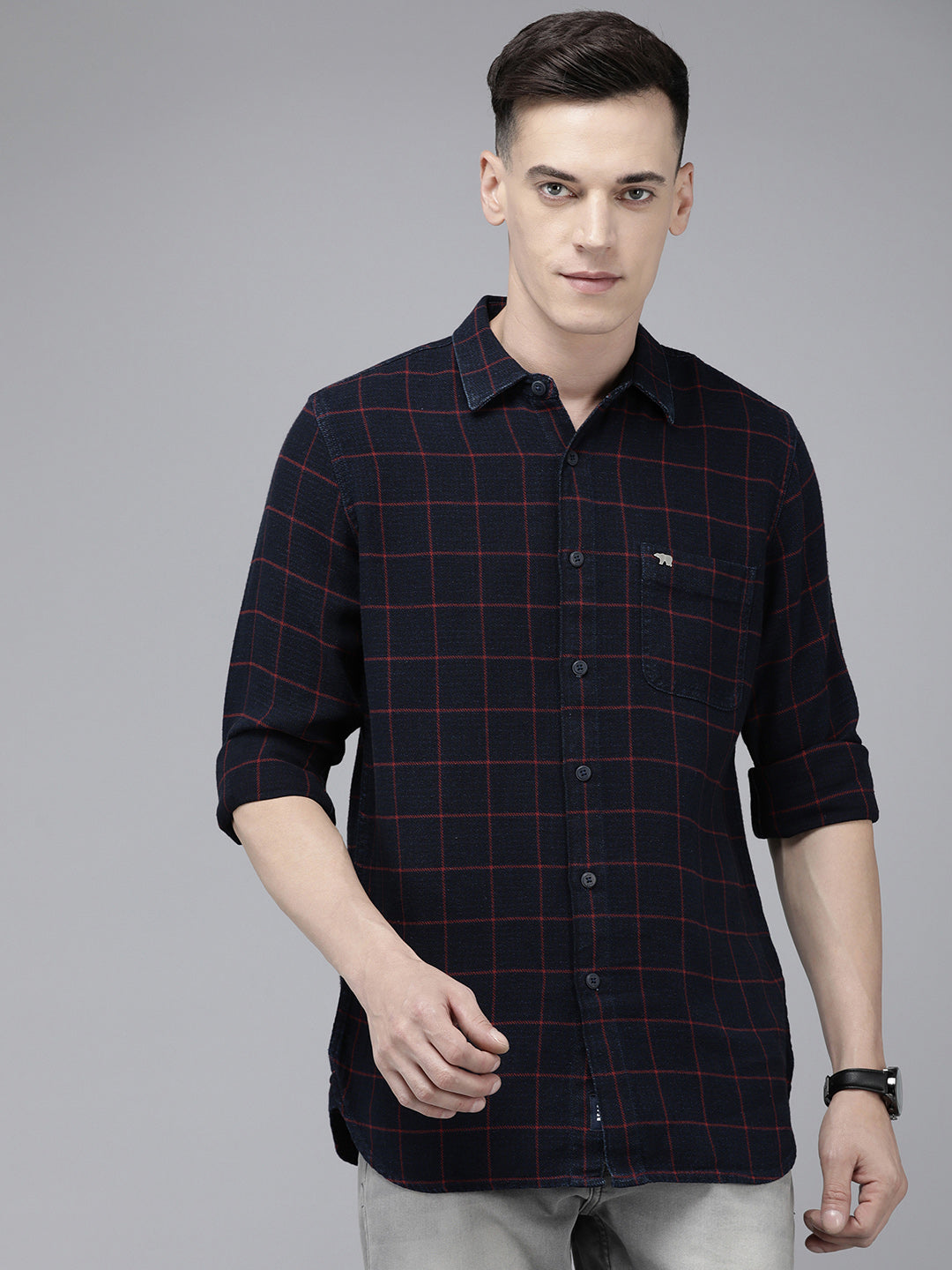 Koze - Men Blue Checked Indigo Dyed Cotton Casual Shirt | The Bear House