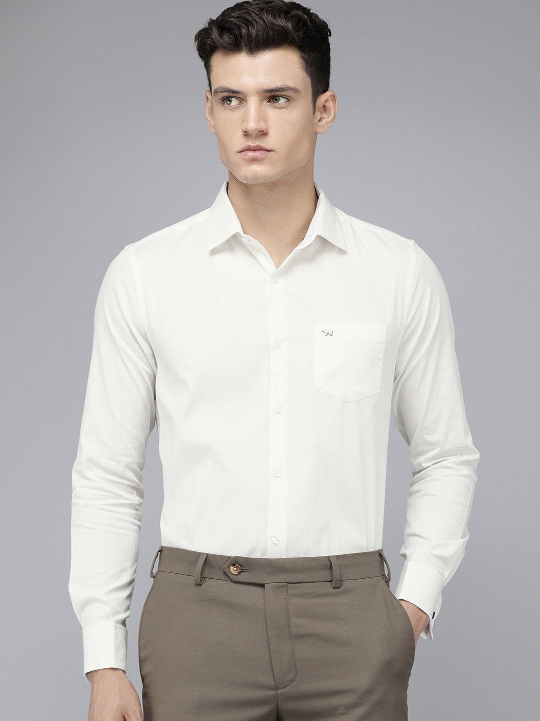 Kurgan - Men White Self Design Slim Fit Formal Shirt with French Cuff | The Bear House