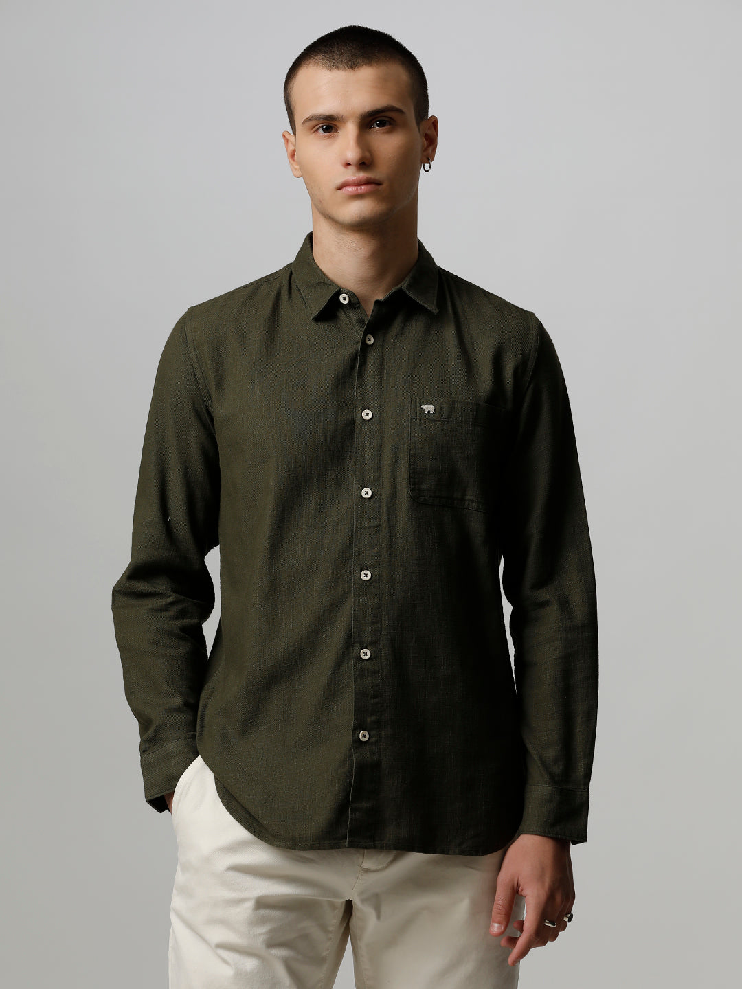 Lion-Made Elegance: Ardor Olive Green Slim Fit Cotton Shirt | The Bear House