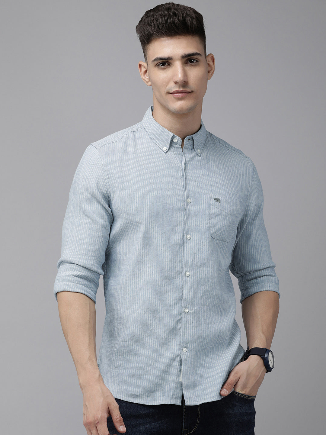 Liwa - Men Blue Vertical Striped Slim Fit Cotton Linen Casual Shirt | The Bear House