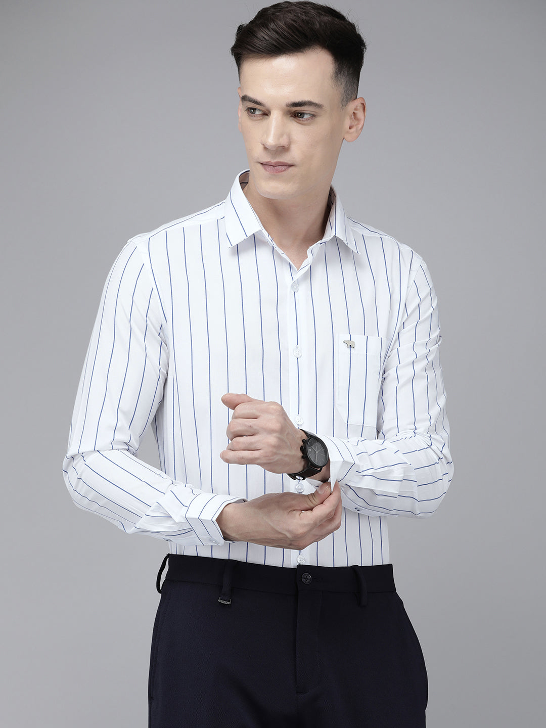 Lops - Men White Striped Slim Fit Cotton Formal Shirt | The Bear House