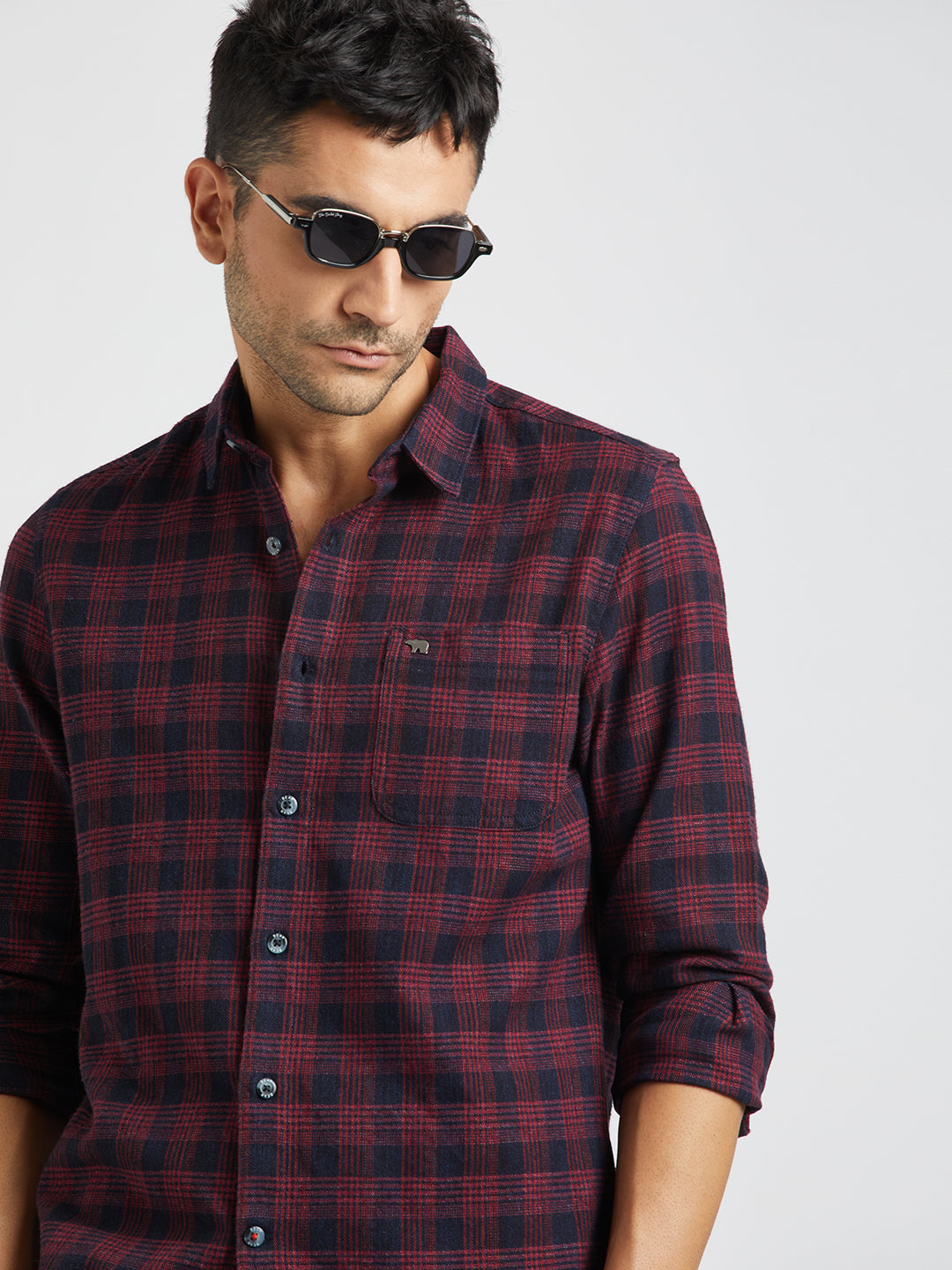 Mauri - Men Blue Checked Slim Fit Flannel Cotton Casual Shirt | The Bear House
