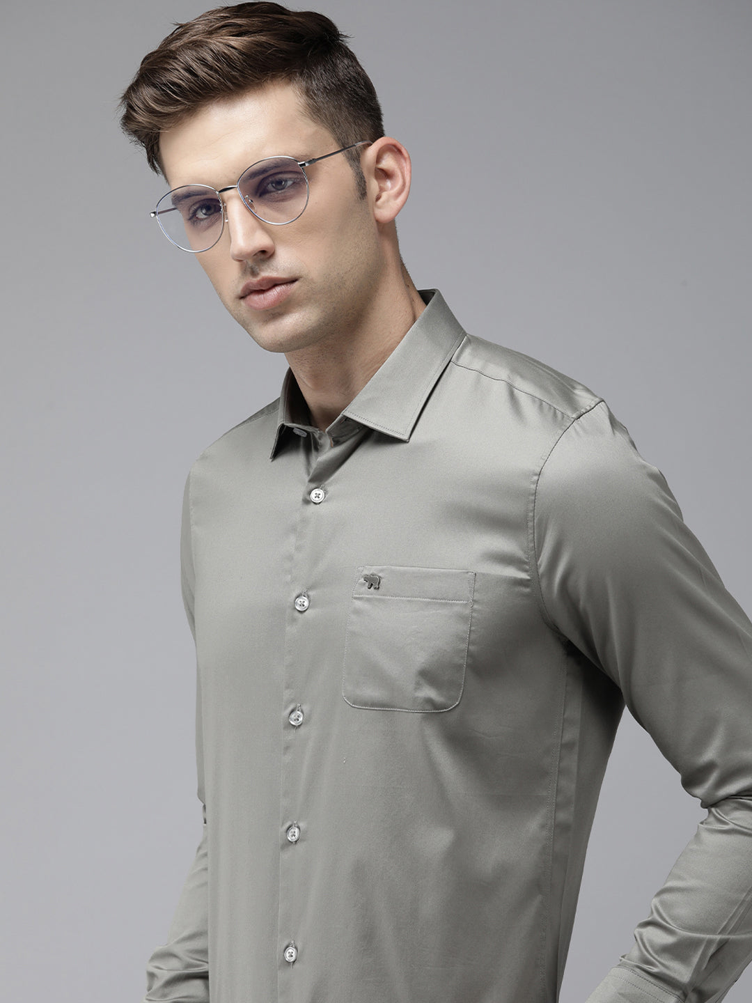 Men Grey Solid Slim Egyptian Giza Cotton Formal Shirt