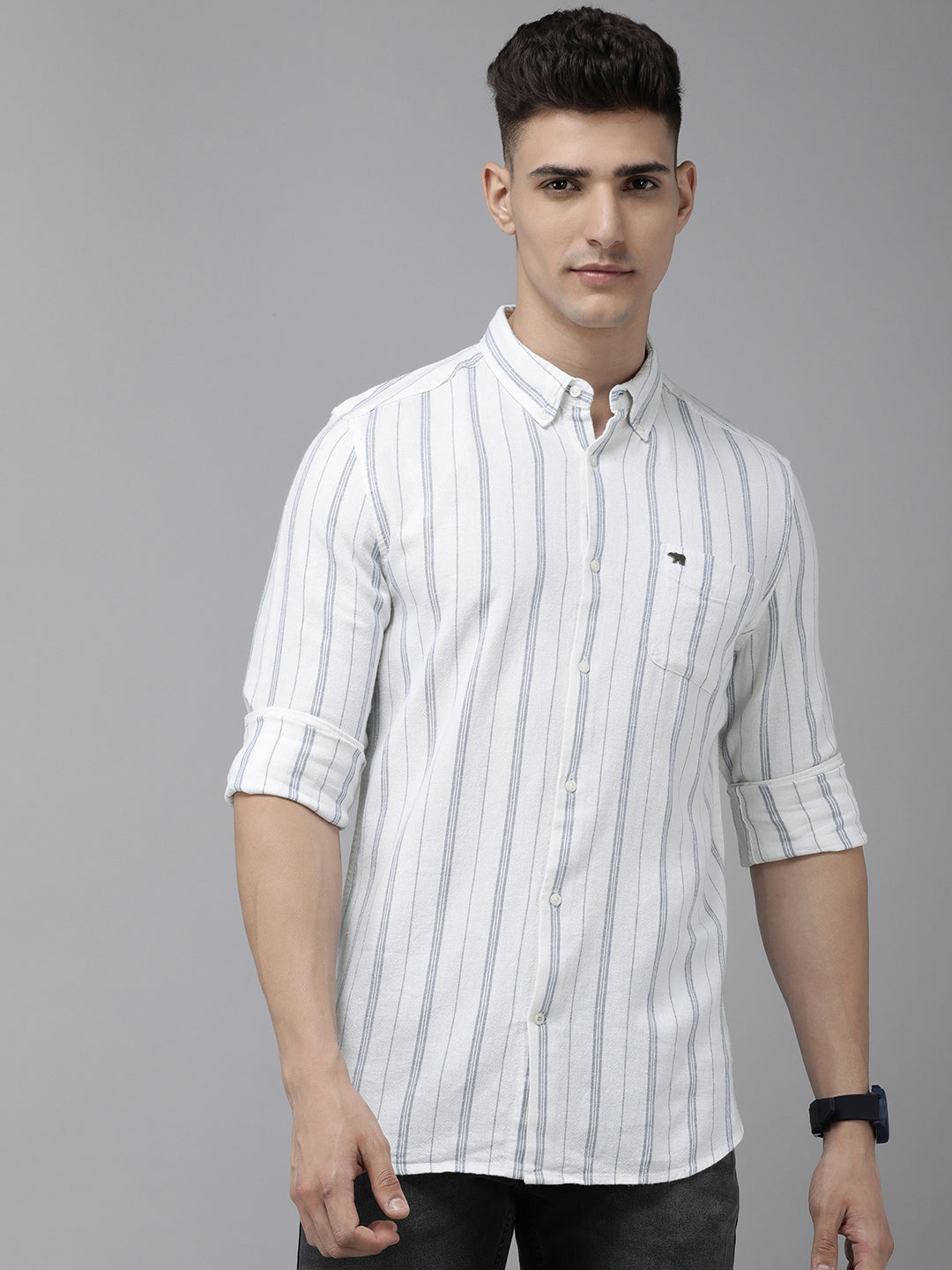 Mirfi - Men White Vertical Striped Slim Fit Cotton Linen Casual Shirt | The Bear House