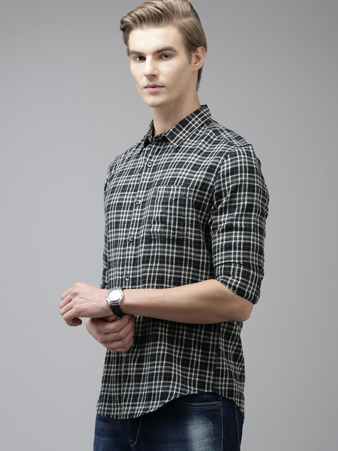 Narus - Men Blue Checked Slim Fit Flannel Cotton Casual Shirt | The Bear House