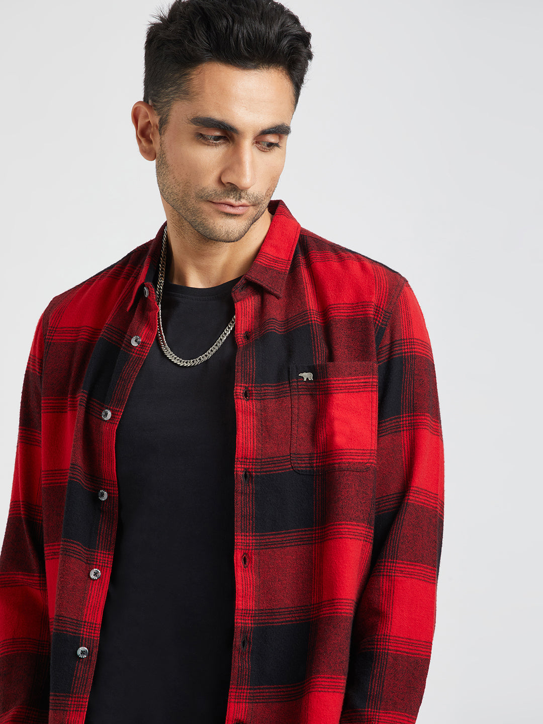 Orisen - Men Red Checked Slim Fit Flannel Cotton Casual Shirt | The Bear House