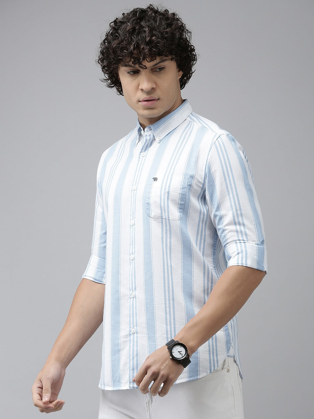 Orive - Men Blue Striped Slim Fit Cotton Linen Casual Shirt | The Bear House