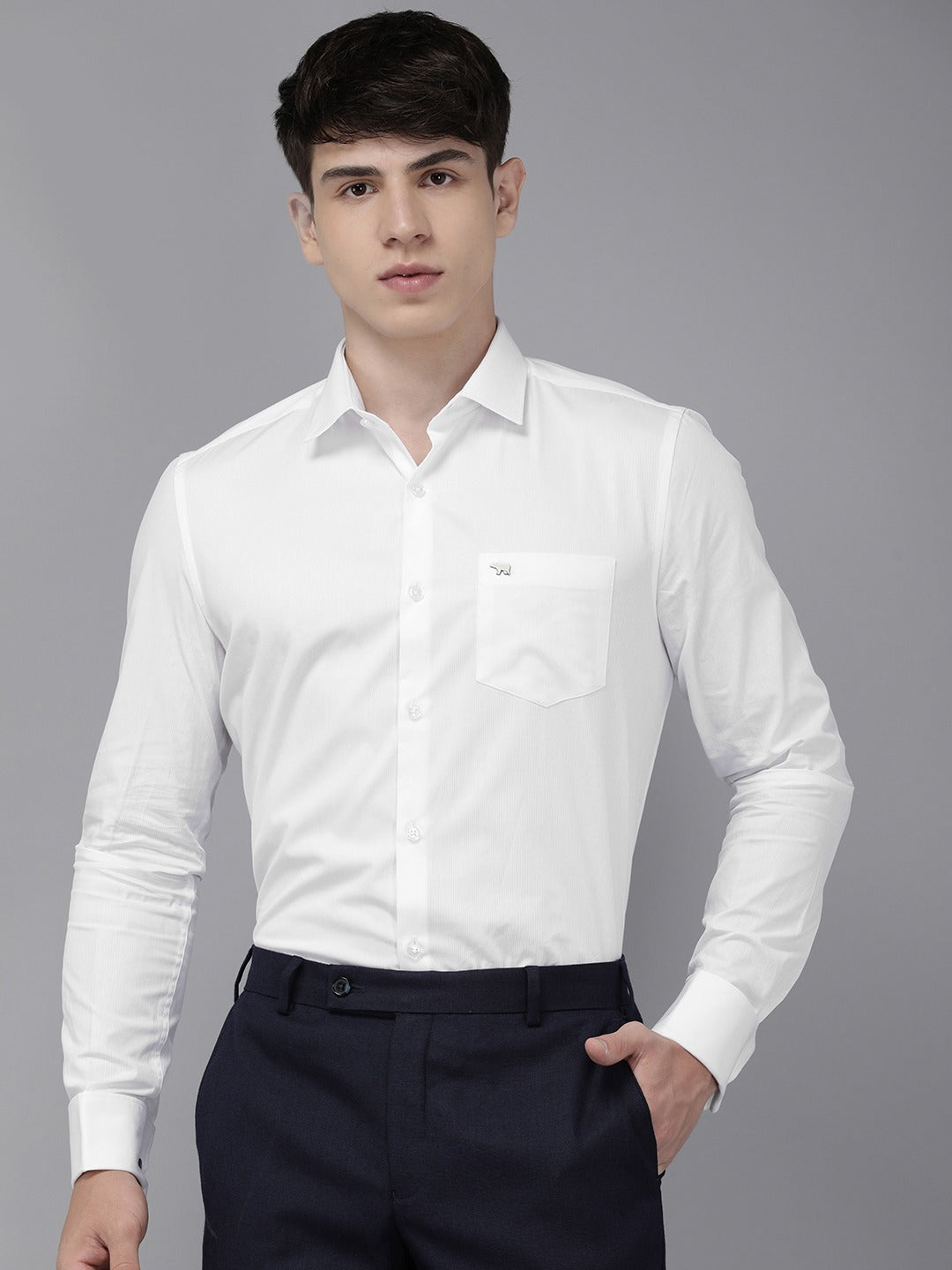 Oryo - Men White Solid Slim Fit Cotton Lycra Formal Shirt With French Cuff | The Bear House