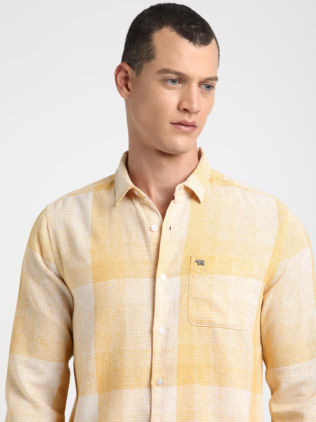 Osha - Men Yellow Checked Slim Fit Blended Cotton Casual Shirt | The Bear House