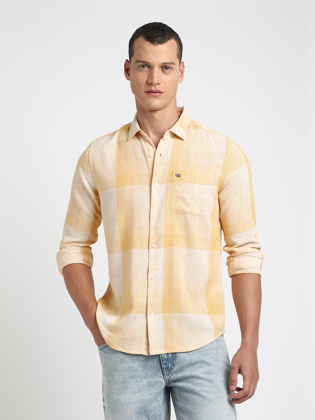 Osha - Men Yellow Checked Slim Fit Blended Cotton Casual Shirt | The Bear House