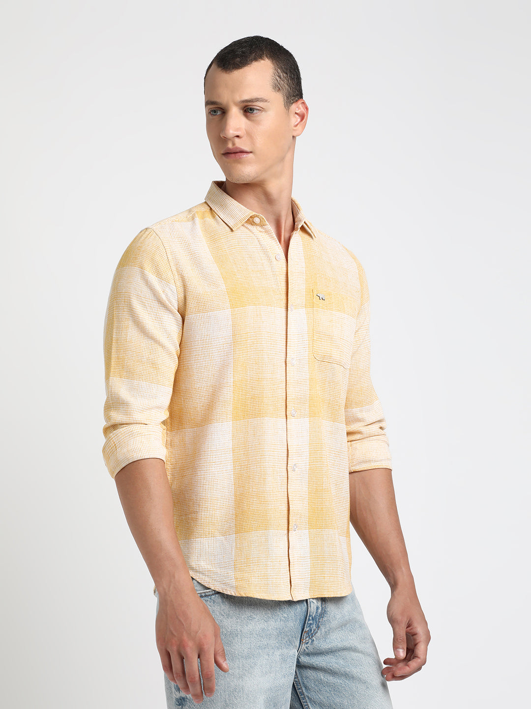 Osha - Men Yellow Checked Slim Fit Blended Cotton Casual Shirt | The Bear House