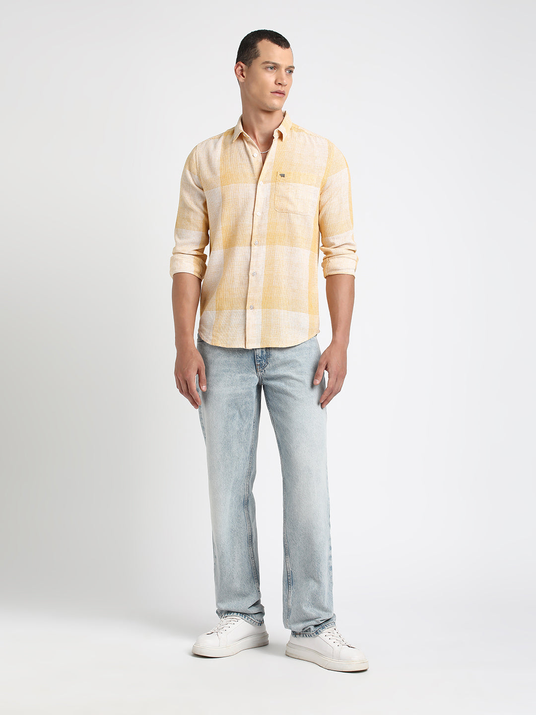 Osha - Men Yellow Checked Slim Fit Blended Cotton Casual Shirt | The Bear House