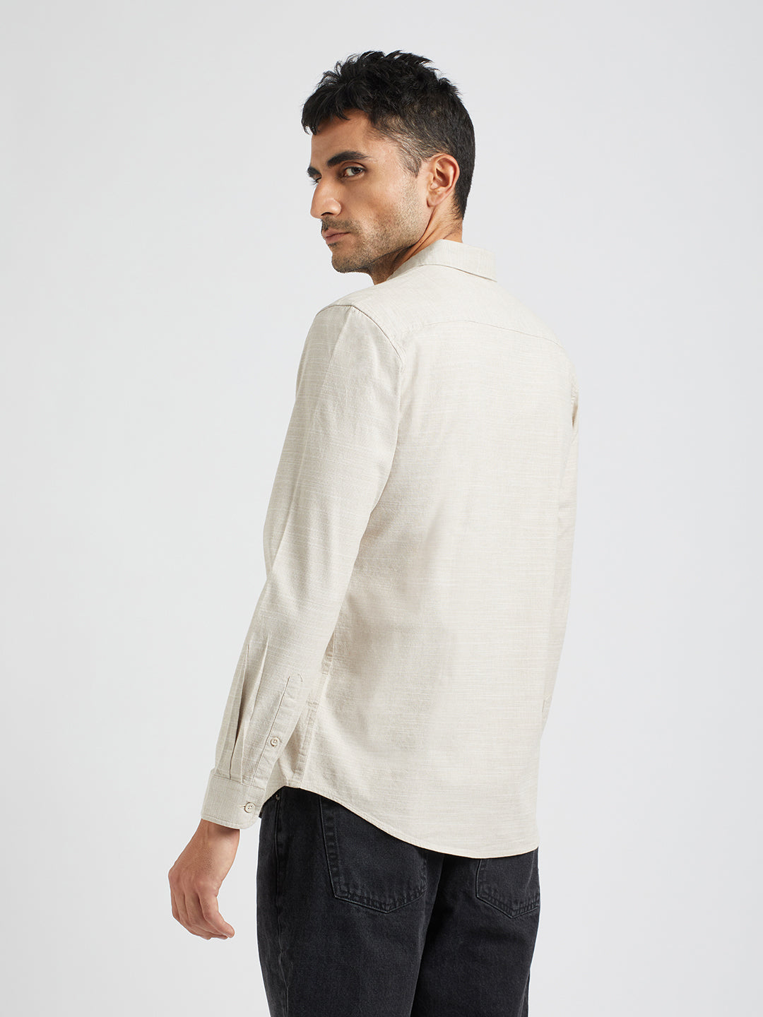 Men Beige Solid Slim Fit Cotton Casual Shirt