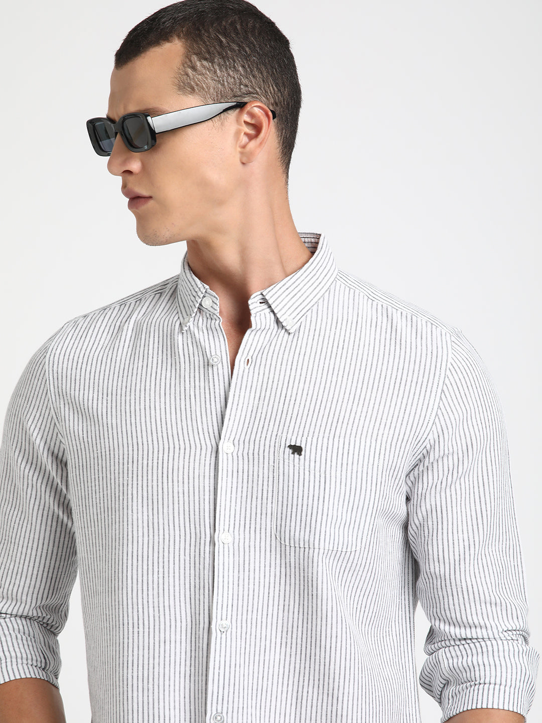 Penya - Men White Striped Slim Fit Cotton Casual Shirt | The Bear House