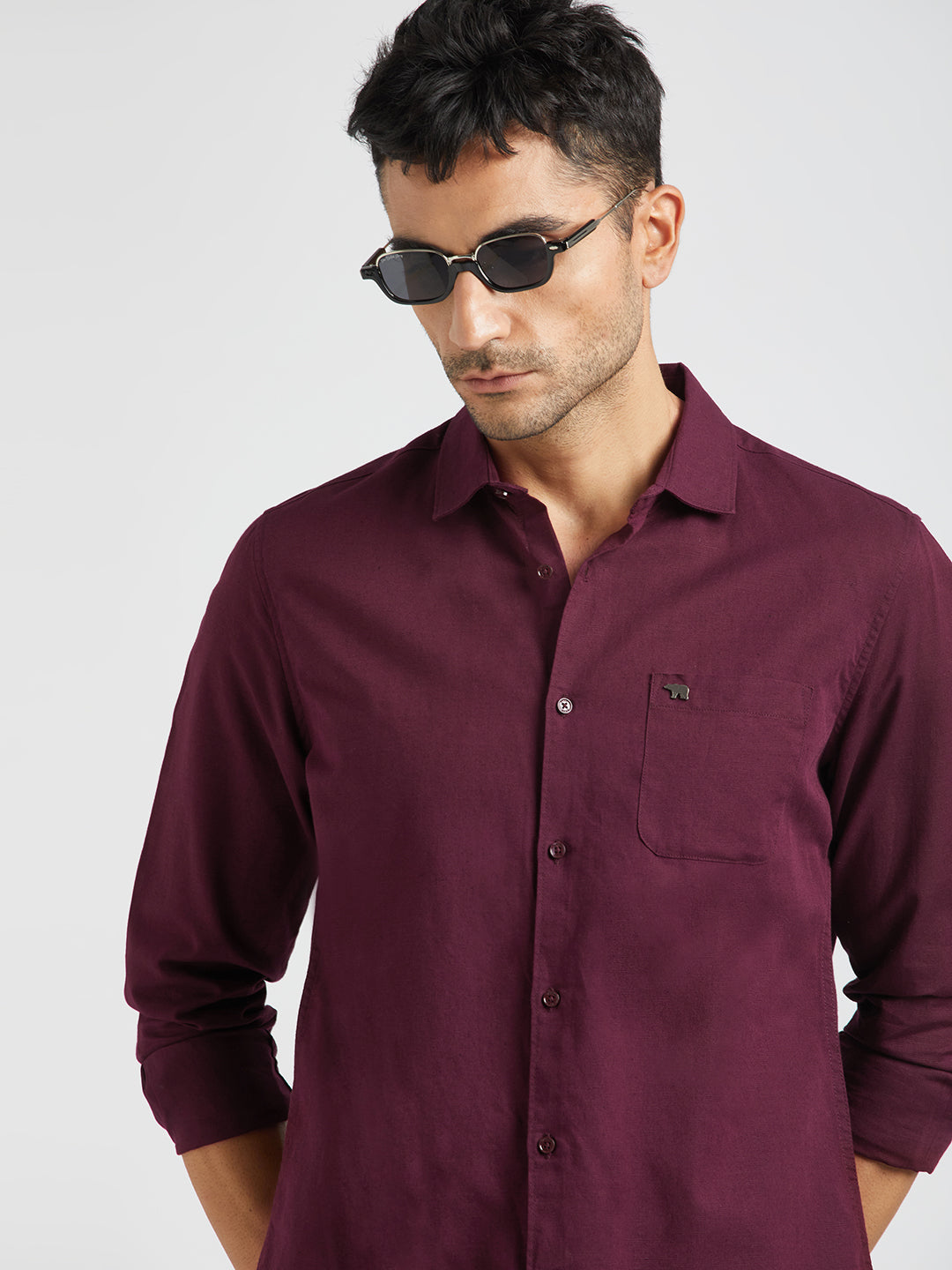 Petunia - Men Maroon Solid Slim Fit Cotton Linen Casual Shirt | The Bear House