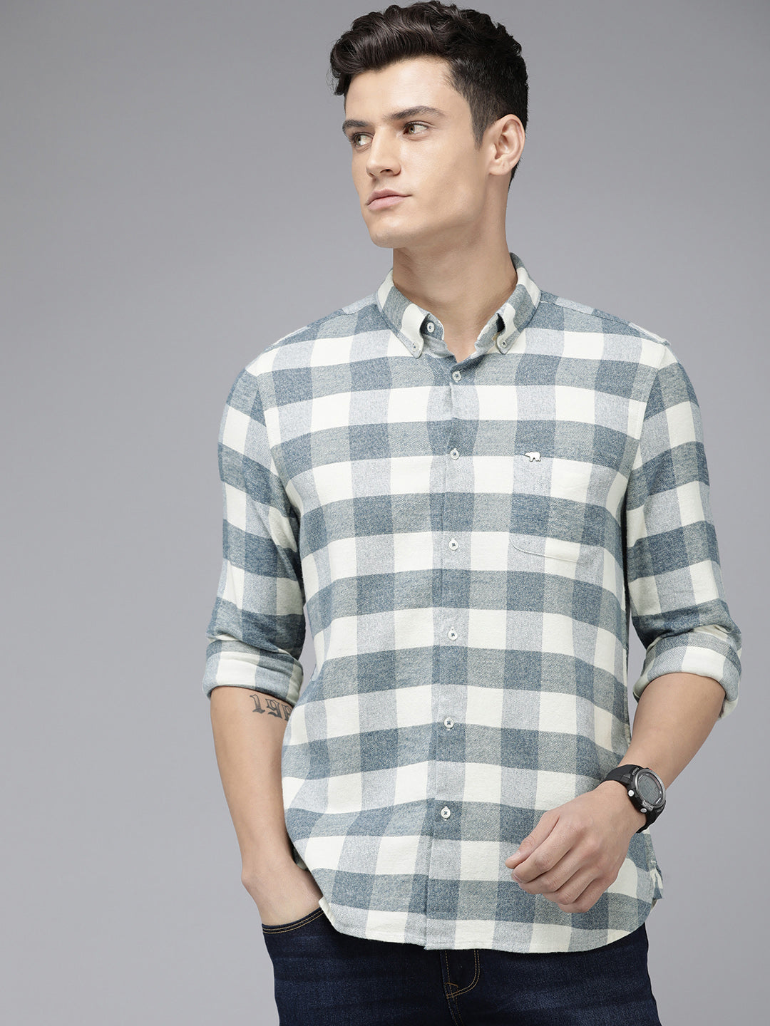 Pilones - Men Blue Buffalo Checked Slim Fit Flannel Cotton Casual Shirt | The Bear House