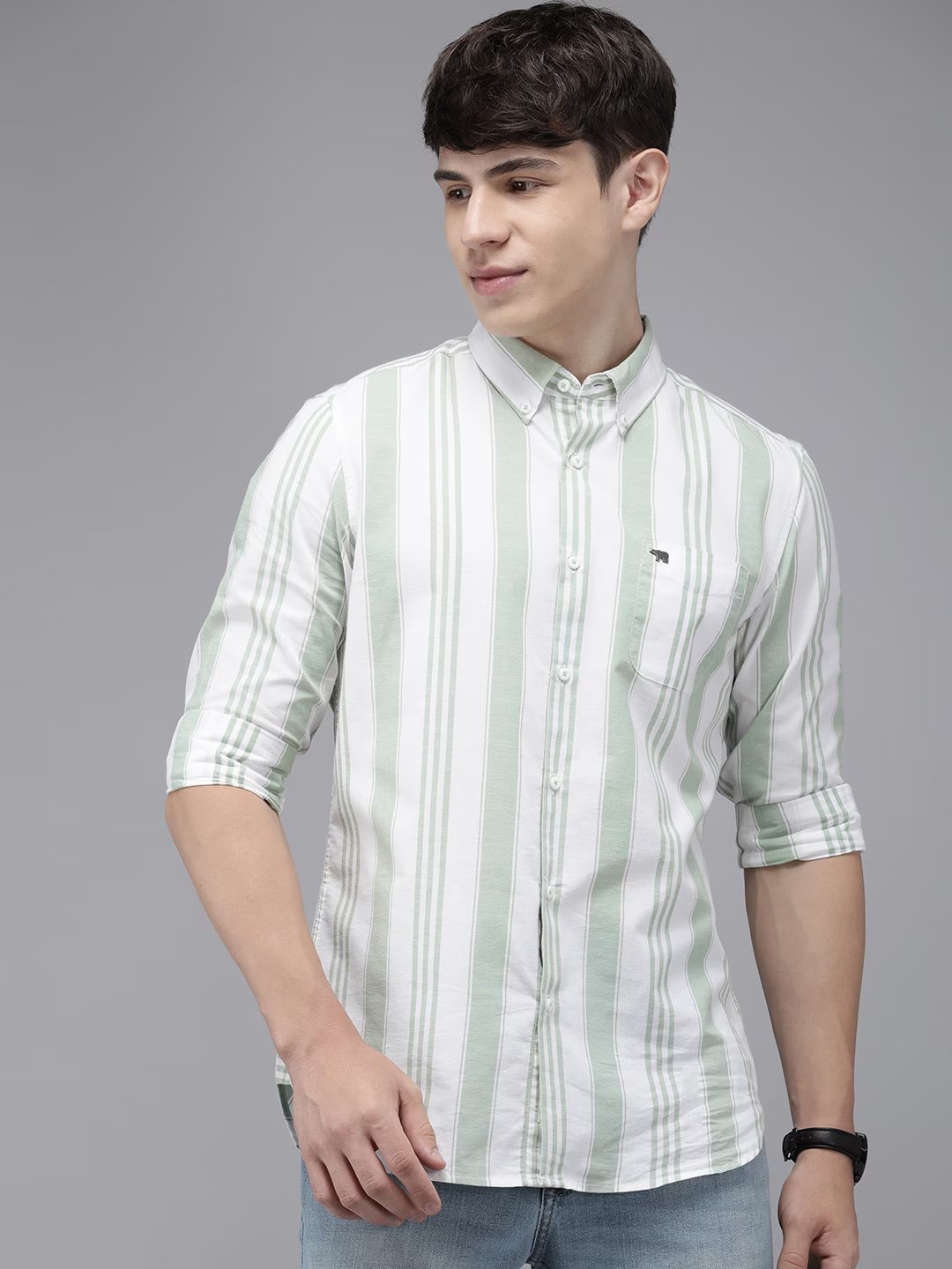 Porvo - Men Green Striped Slim Fit Cotton Linen Casual Shirt | The Bear House