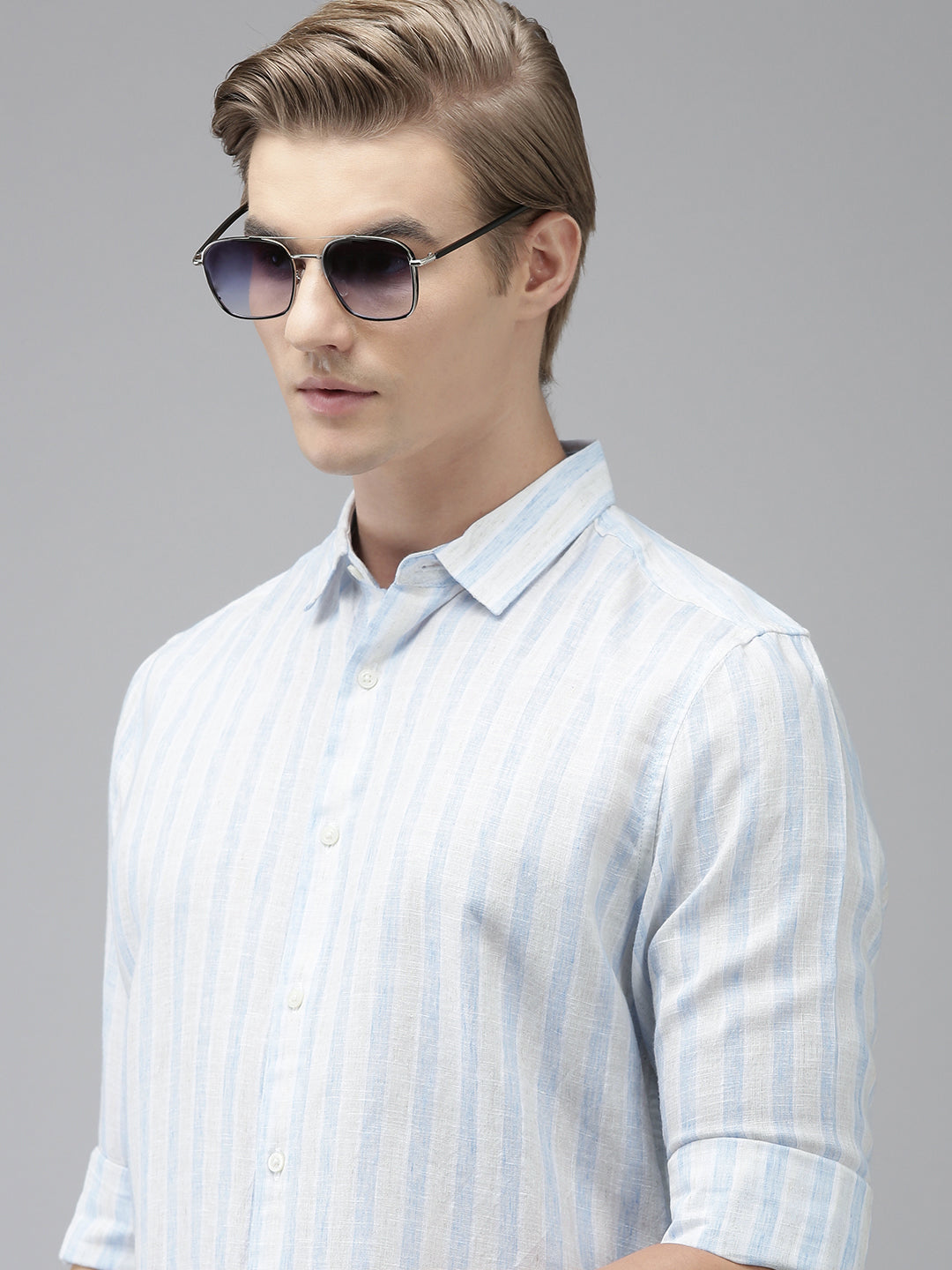 Rabos - Men Blue Vertical Striped Slim Fit Casual Shirt | The Bear House