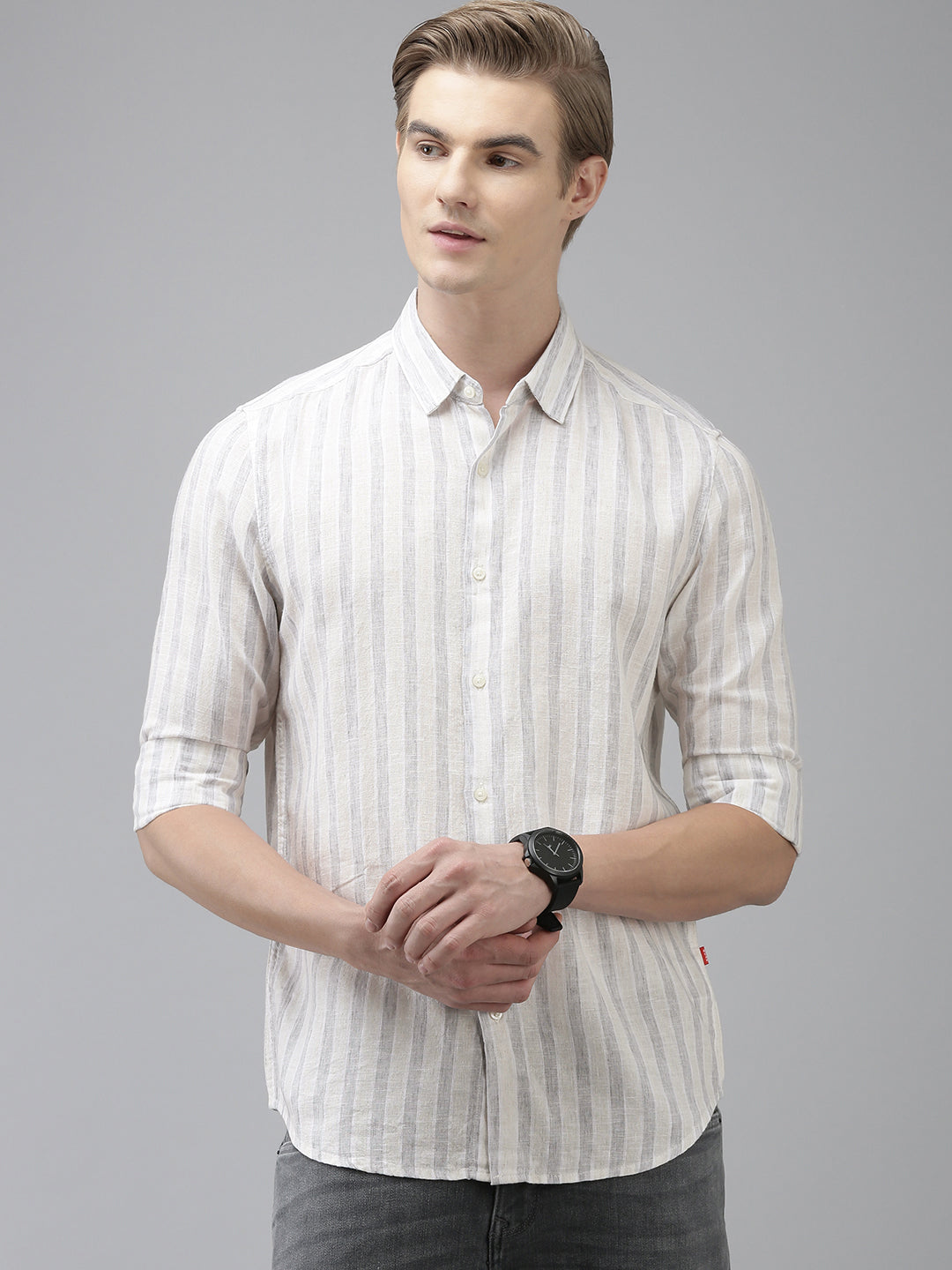 Rano - Men Grey Vertical Striped Slim Fit Casual Shirt | The Bear House