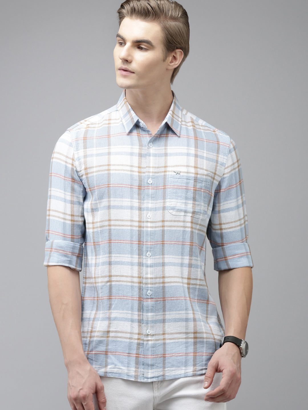 Rish - Men Blue Checked Slim Fit Cotton Casual Shirt | The Bear House