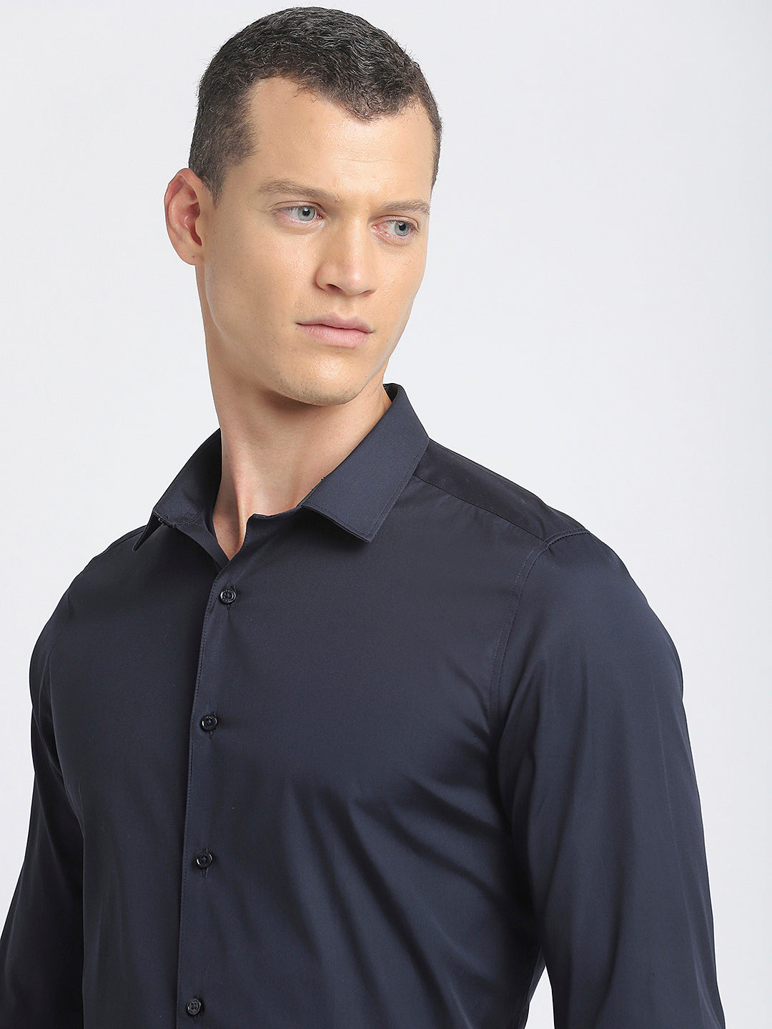Men Blue Solid Slim Fit Cotton Formal Shirt