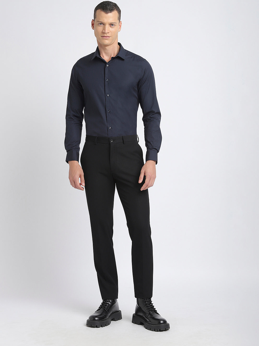 Men Blue Solid Slim Fit Cotton Formal Shirt