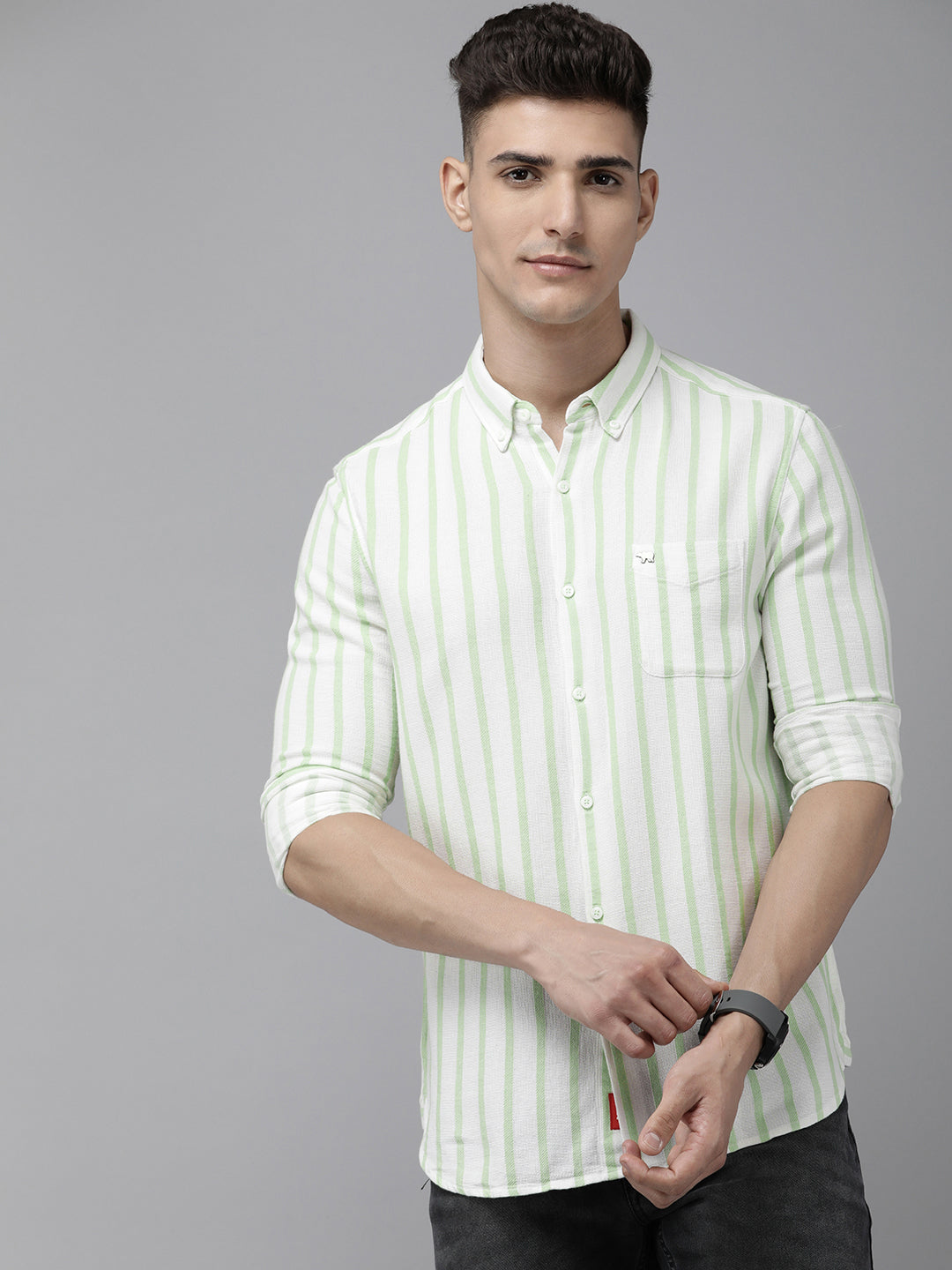 Seyi - Men Green Vertical Striped Slim Fit Cotton Viscose Casual Shirt | The Bear House