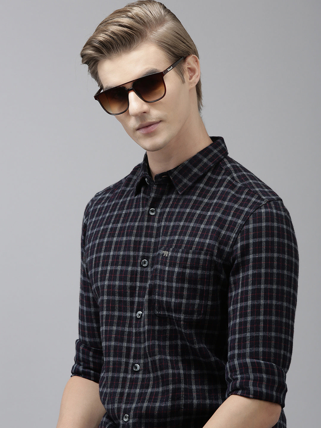 Simpo - Men Blue Checked Slim Fit Flannel Cotton Casual Shirt | The Bear House