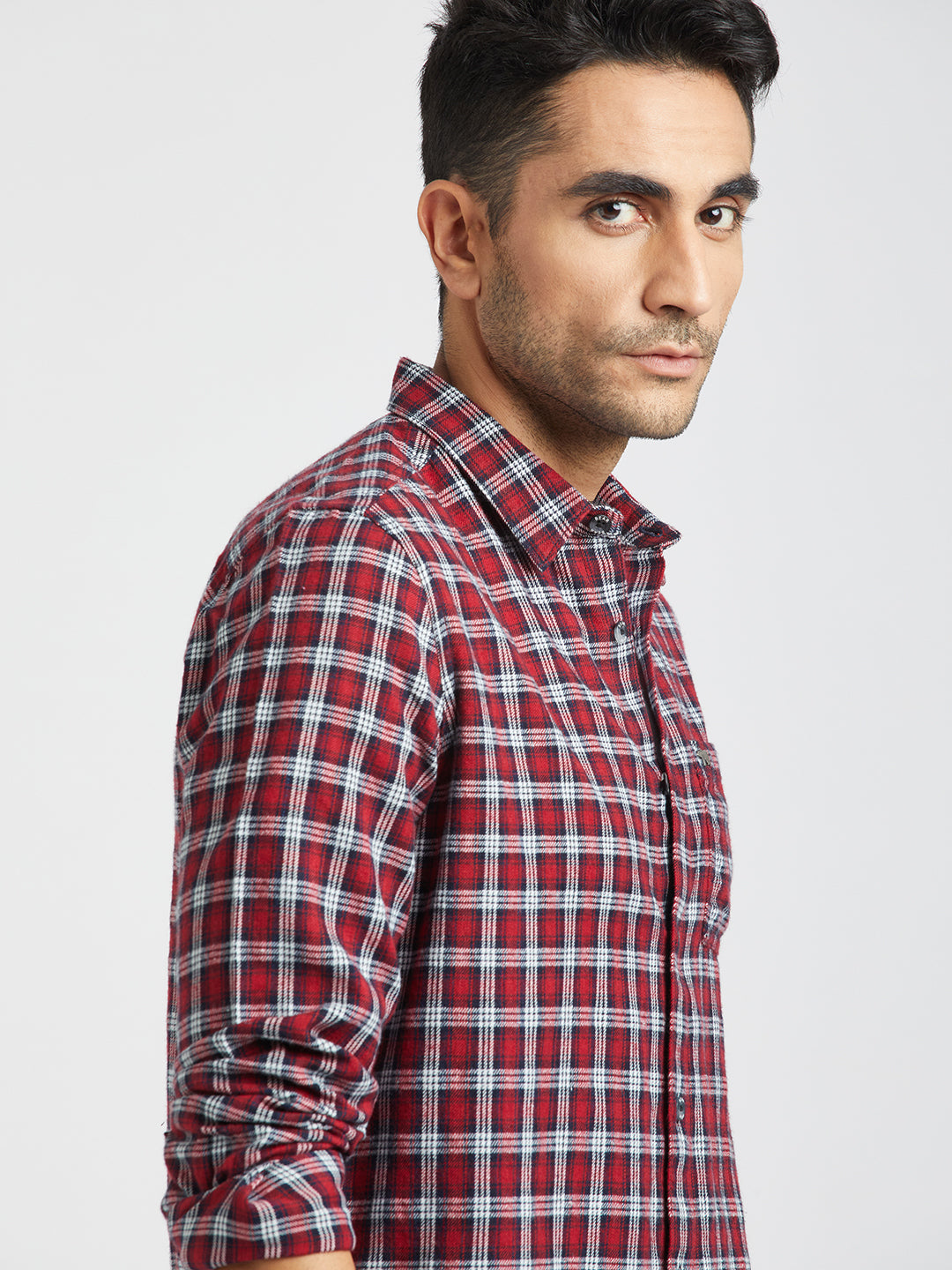 Spritz - Men Red Checked Slim Fit Flannel Cotton Casual Shirt | The Bear House