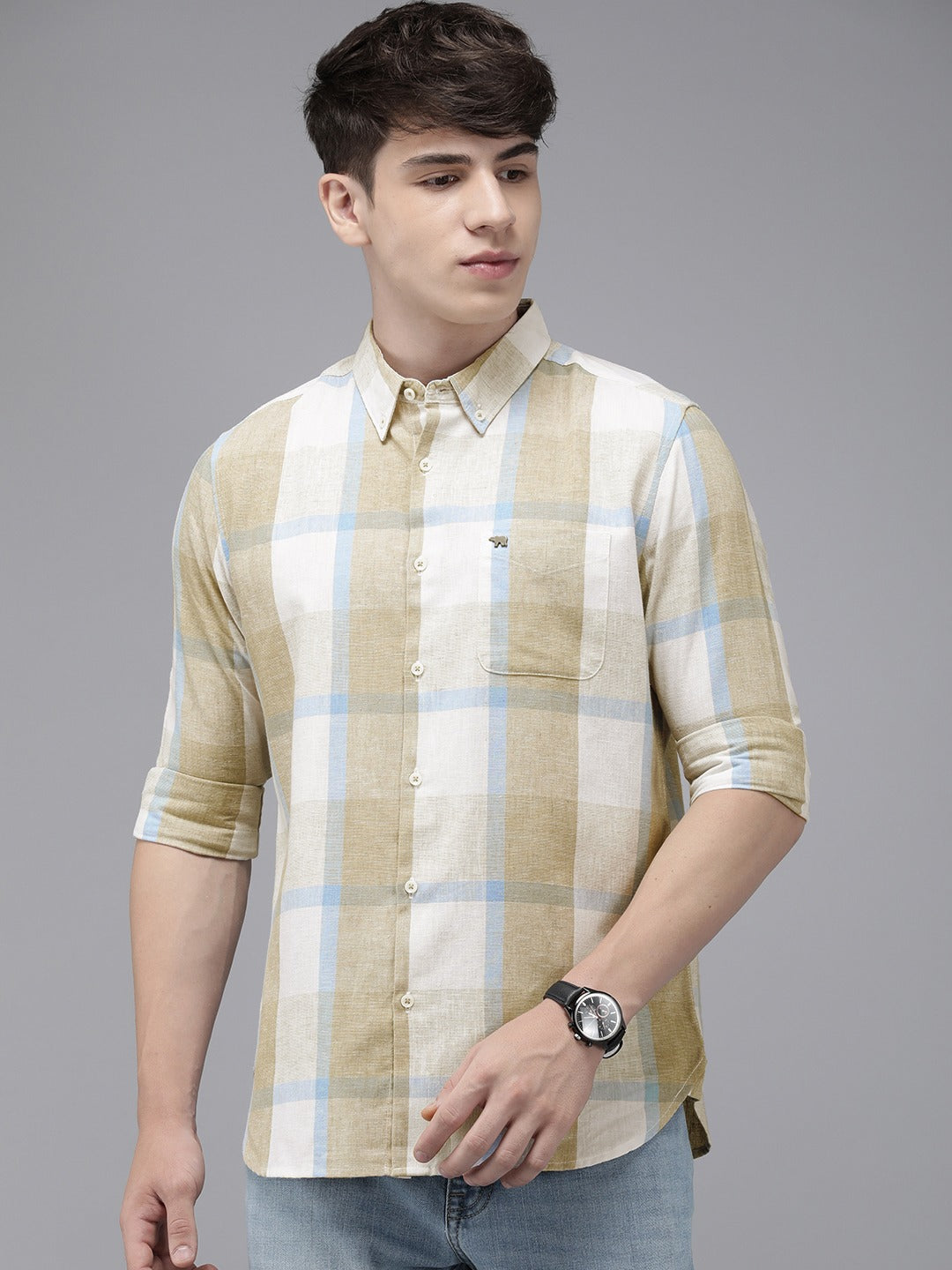 Srad - Men Beige Checked Slim Fit Cotton Blend Casual Shirt | The Bear House