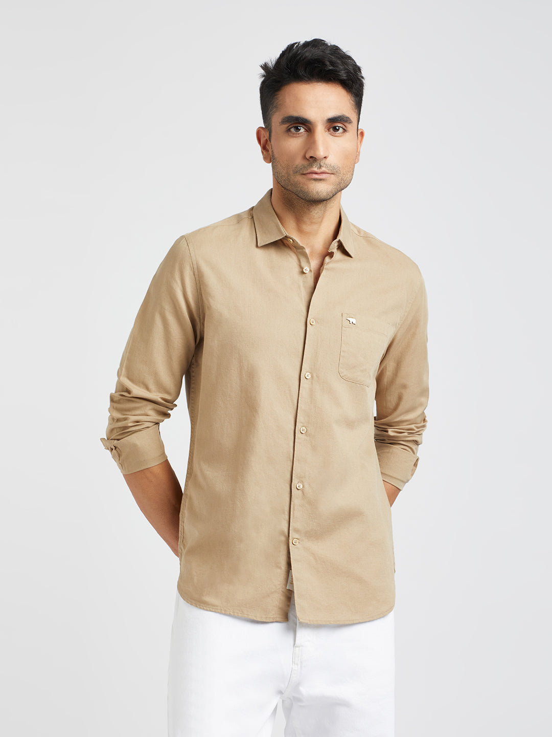 Stuco - Men Beige Solid Slim Fit Cotton Linen Casual Shirt | The Bear House
