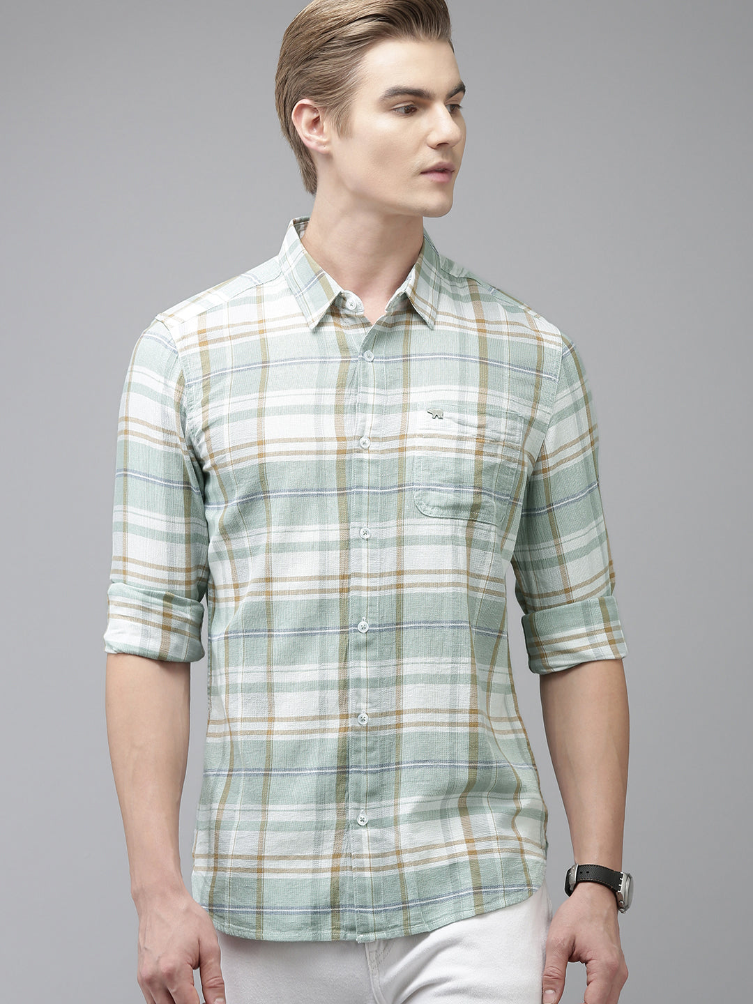 Tas - Men Green Checked Slim Fit Cotton Casual Shirt | The Bear House