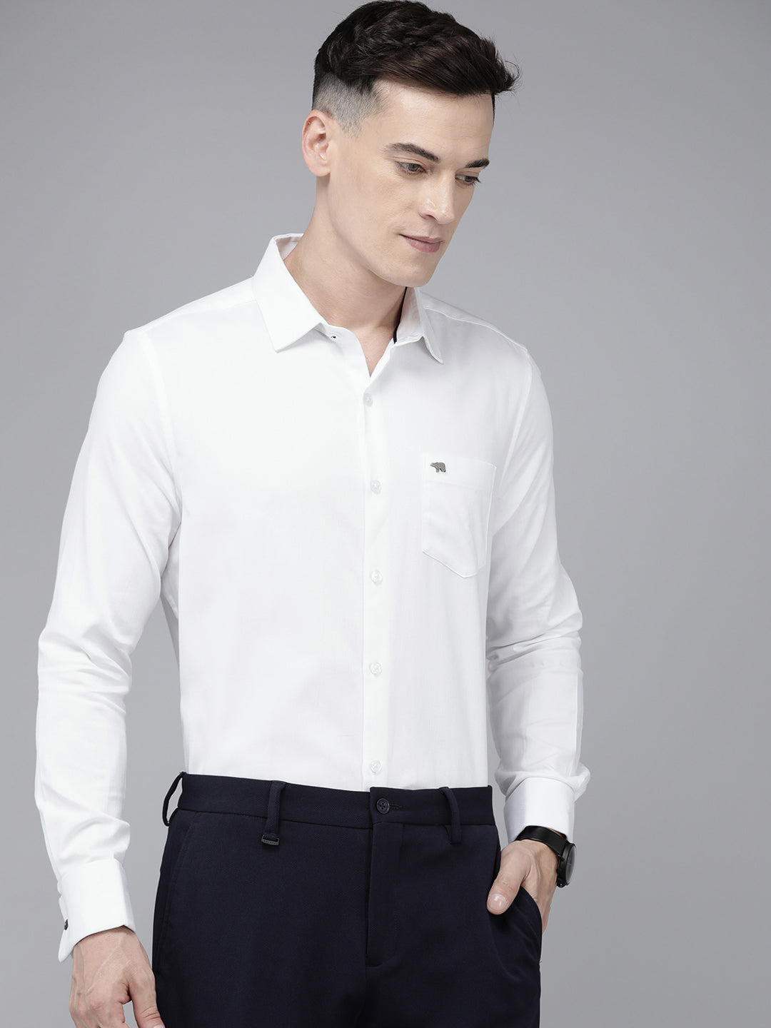 Temis - Men White Solid Slim Fit Formal Shirt with French Cuff | The Bear House