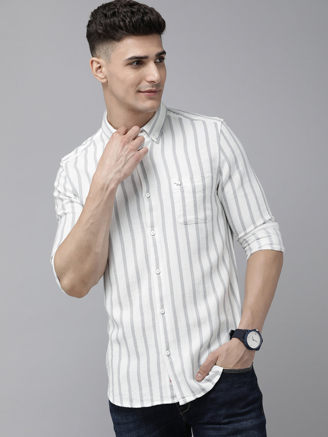 Timo - Men Grey Striped Slim Fit Cotton Viscose Casual Shirt | The Bear House